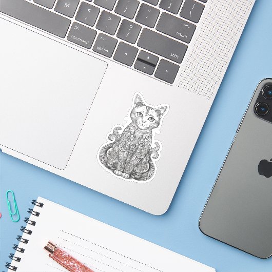 Sticker Doodart chat mignon (Ordinateur portable avec iPhone)