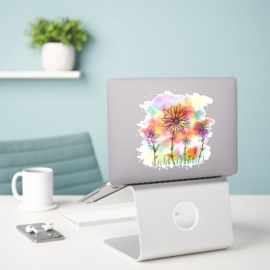 Sticker doodé de fleurs d'aquarelle (Ordinateur portable sur le bureau)