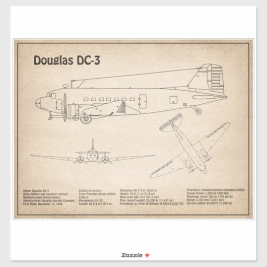 Sticker Douglas DC-3 - Plans de dessin du plan directeur d (Feuille)