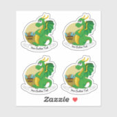 Sticker Dragon vert de dessin animé avec trésor et texte (Feuille)