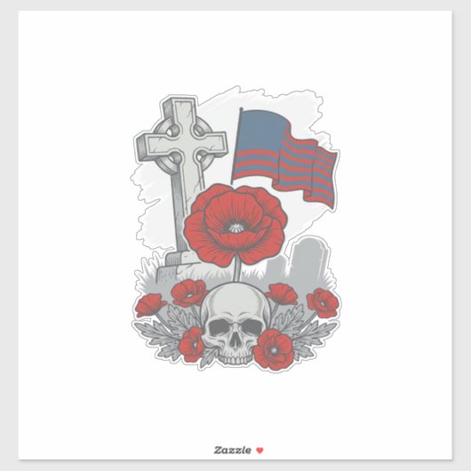 Sticker Drapeau coquelicot commémoratif Croix Gravure Vint (Feuille)