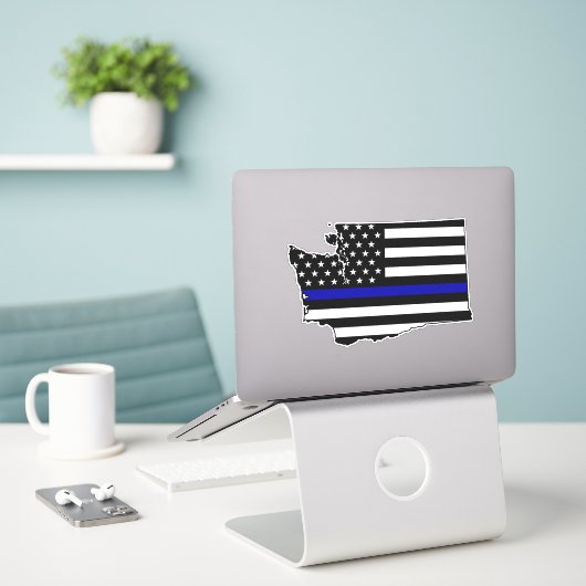 Sticker Drapeau de la ligne bleue mince Washington (Ordinateur portable sur le bureau)