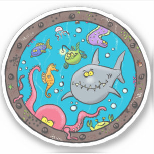 Sticker Drôle créatures marines sous-marines dessin animé