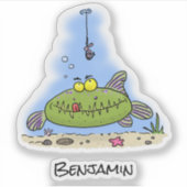 Sticker Drôle gras affamé poisson vert dessin de pêche (Devant)