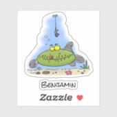 Sticker Drôle gras affamé poisson vert dessin de pêche (Feuille)