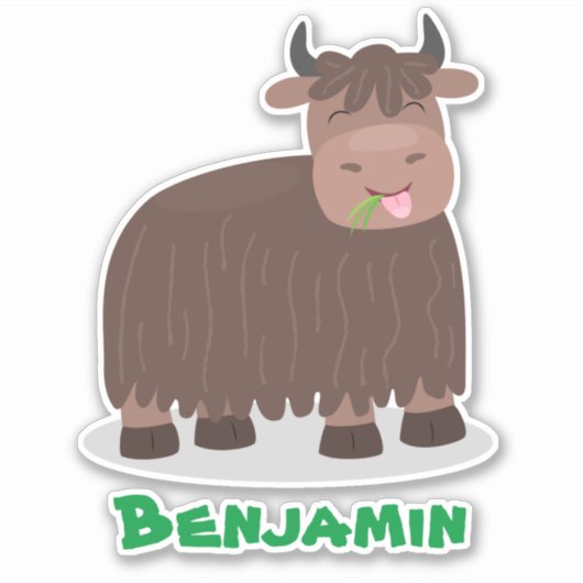 Sticker Drôle joyeux yak mangeant de l'herbe dessin d'illu (Devant)