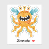 Sticker Drôle Monstre Orange Trois Oeil avec Tentacles (Feuille)