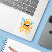 Sticker Drôle Monstre Orange Trois Oeil avec Tentacles (Ordinateur portable avec iPhone)
