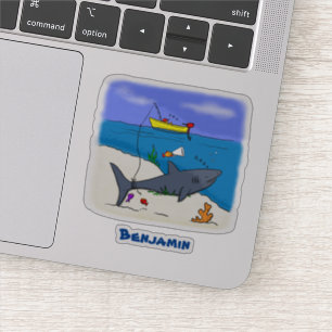 Sticker Drôle requin couché et dessin animé de pêche