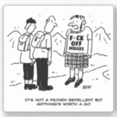 Sticker Drôle Scotsman et Midges Cartoon. (Devant)