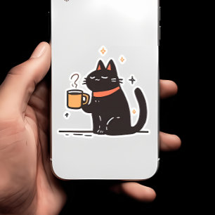 Sticker Drôle Simple Chat Noir avec Coffee Cup