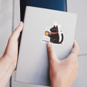 Sticker Drôle Simple Chat Noir avec Coffee Cup