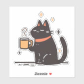 Sticker Drôle Simple Chat Noir avec Coffee Cup (Feuille)