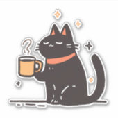 Sticker Drôle Simple Chat Noir avec Coffee Cup (Devant)