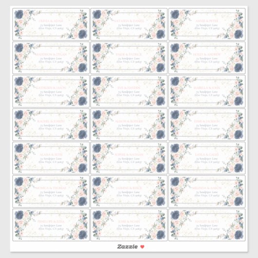 Sticker Dusty Blue Blush Pink Gold Floral Adresse d'invité (Feuille)