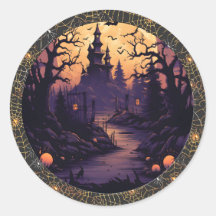 Sticker éffrayant Haunted Castle Halloween Round