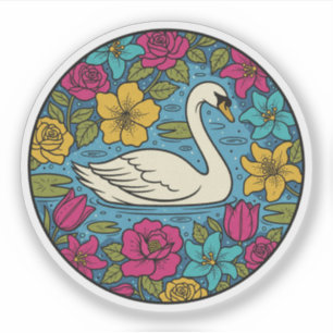 Sticker Elégant cygne en étang floral - Art naturel coloré