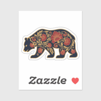 Sticker Elegant Folk Art Bear | Red & Gold Floral Silhouet
