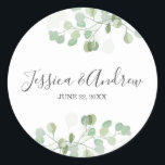 Sticker Élégant Mariage d'enveloppe Eucalyptus<br><div class="desc">♥ Votre sticker de remerciement élégant, Topper de cupcake, étiquette de faveur ou sceau d'enveloppe! Tous les détails sont DESSUS À LA MAIN, vous pouvez être sûr que ce design est unique. Eucalyptus est extraordinaire pour toute fête, en particulier pour les mariages. Le beau feuillage et les feuilles s'intègrent à...</div>