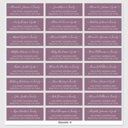 Sticker Élégant Script Dusty Mauve Mariage Adresse d'hôte (Feuille)