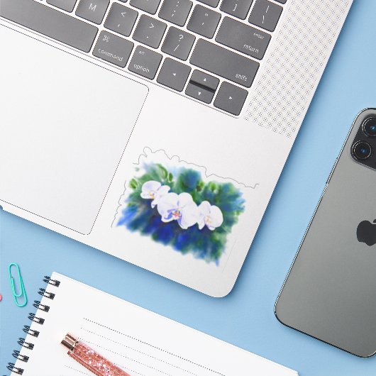 Sticker Elégante aquarelle blanche orchidées boho tropical (Ordinateur portable avec iPhone)