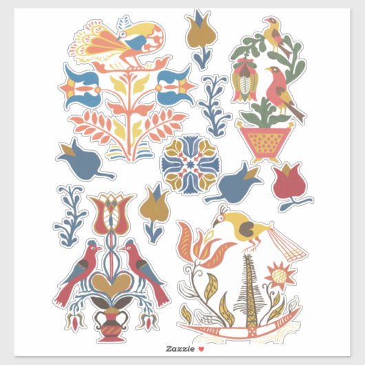 Sticker Éléments floraux Art Déco Fleurs et Oiseaux (Feuille)