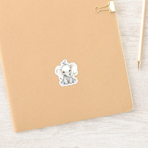 Sticker Eléphant adorable bébé avec l'oiseau et la feuille