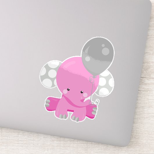 Sticker Eléphant Avec Ballons, Eléphant Rose, Animal Migno (Détail)