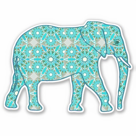 Sticker Eléphant de Fleur Mandala, Turquoise, Gris & Blanc (Devant)