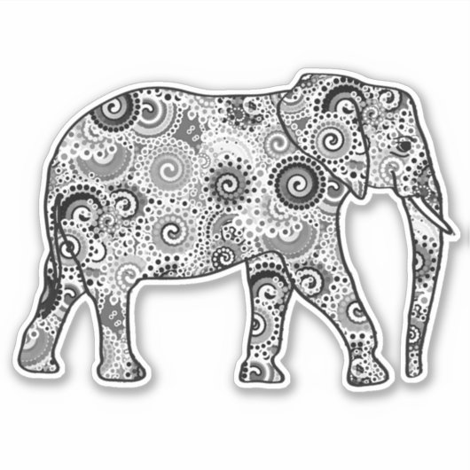 Sticker Eléphant fractal, gris, noir et blanc (Devant)