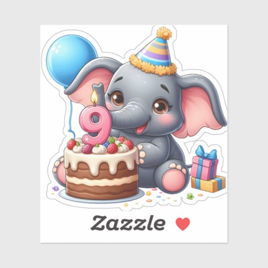 Sticker Éléphant Mignon 9ème Anniversaire (Feuille)
