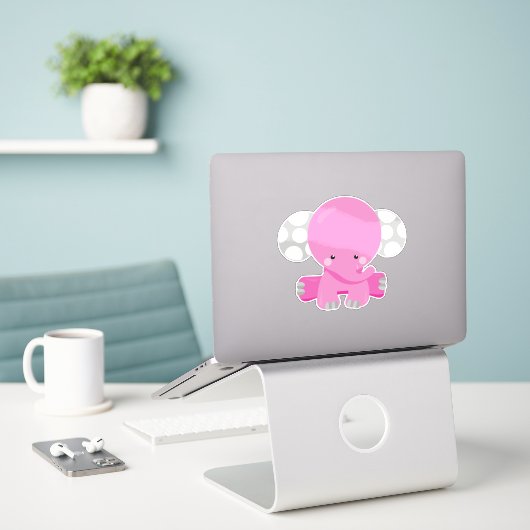 Sticker Eléphant mignon, Eléphant petit, Eléphant rose (Ordinateur portable sur le bureau)