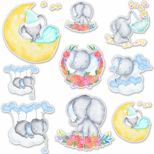 Sticker Eléphants de bébé mignons ensemble 9 Vinyl (Devant)