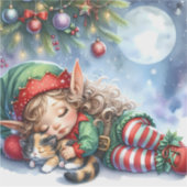 Sticker Elfe de Noël couché avec Calico Kitten (Devant)