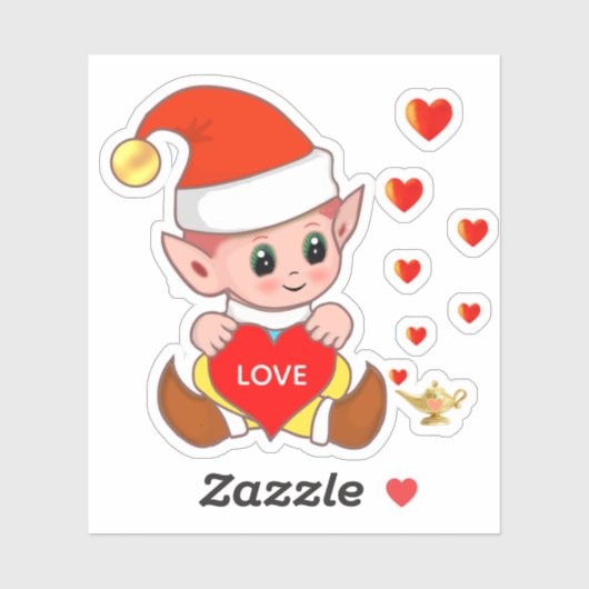 Sticker Elfe mignon avec coeurs d'amour (Feuille)