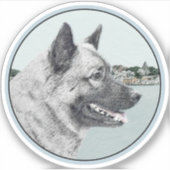 Sticker Elkhound norvégien à la peinture de village - Chie (Devant)