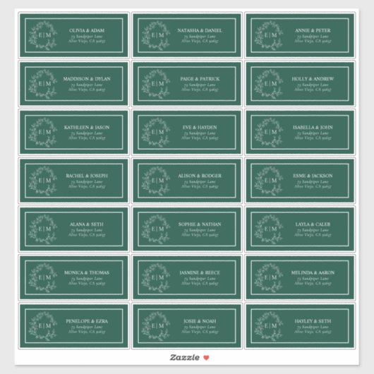 Sticker Emerald Geen Leafy Crest Monogram Adresse d'invité (Feuille)
