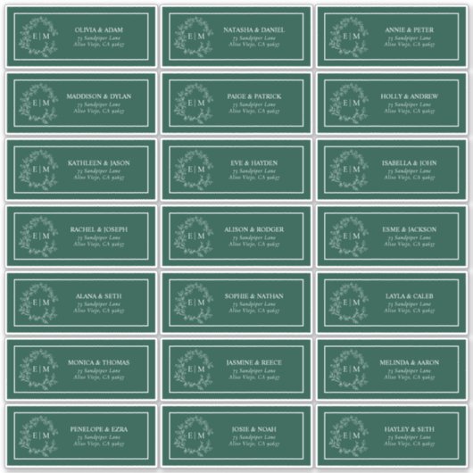 Sticker Emerald Geen Leafy Crest Monogram Adresse d'invité (Devant)