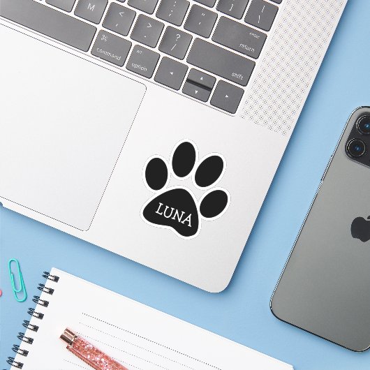Sticker Empreinte de patte de chien noir avec nom (Ordinateur portable avec iPhone)