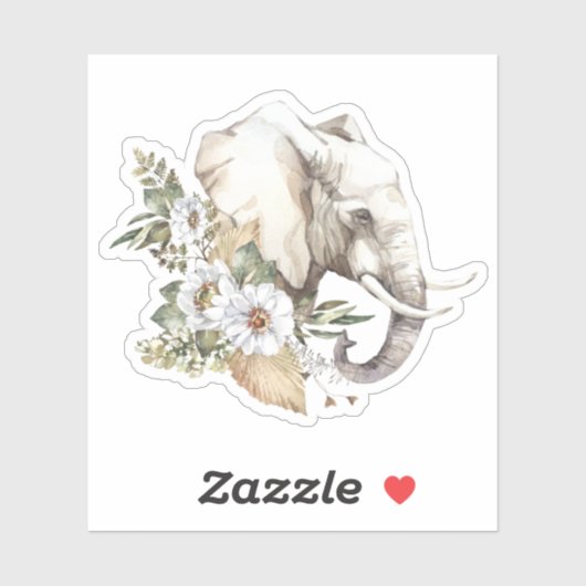 Sticker en Aquarelle Elephant Head & White Flowers (Feuille)