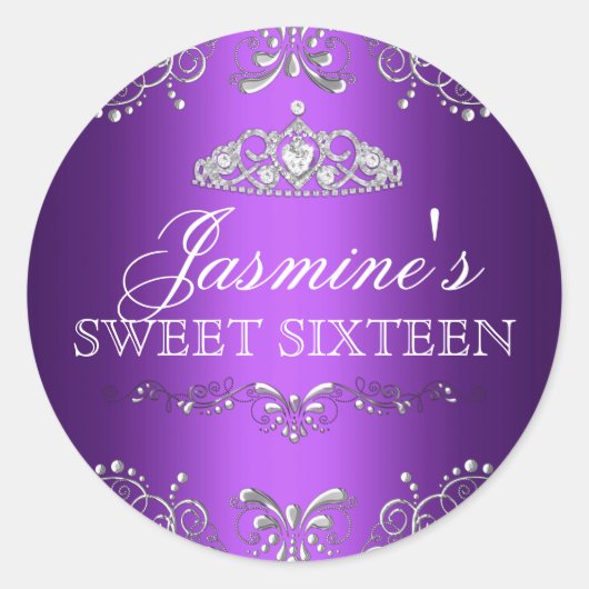 Sticker en argent violet Damask & Tiara Sweet 16 (Devant)