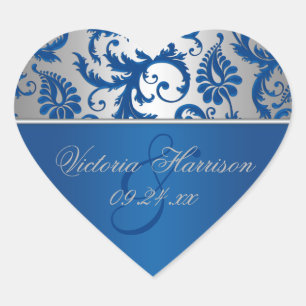 Sticker en forme de coeur en argent et bleu Damas