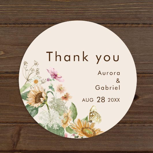Sticker en Merci Mariage beige tournesol rustique
