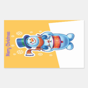 sticker en or de Noël rectangle Snowman batteur.