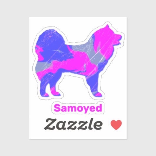 Sticker en silhouette de chien Samoyé rose et bleu (Feuille)