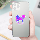 Sticker en silhouette de chien Samoyé rose et bleu (Téléphone)