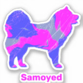Sticker en silhouette de chien Samoyé rose et bleu (Recto)
