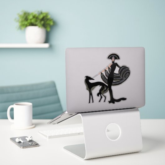 Sticker en vinyle déc. chien et dame (Ordinateur portable sur le bureau)