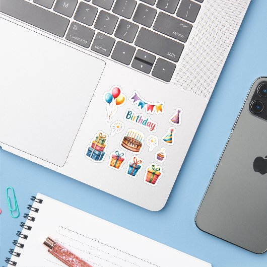 Sticker Ensemble Aquarelle Anniversaire (Ordinateur portable avec iPhone)