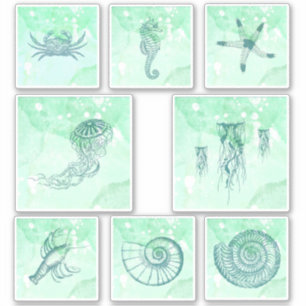 Sticker Ensemble d'autocollants aquarelle de créatures mar